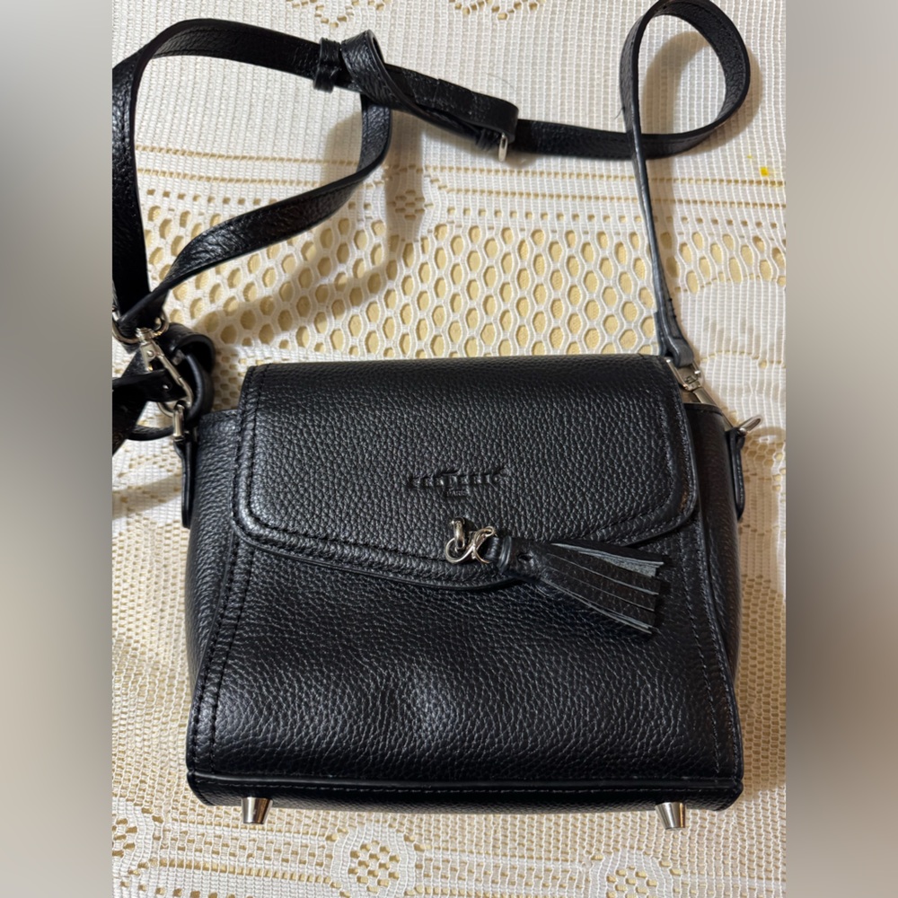 Frederic Paris Black Pebbled Leather Tassel Crossbody